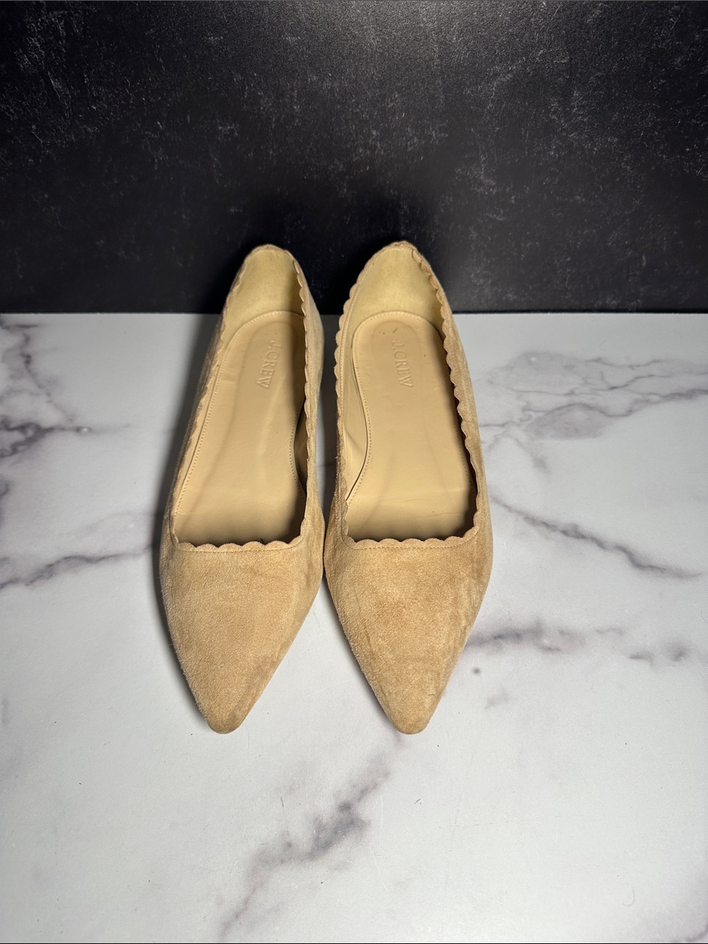 J. Crew Tan Suede Scalloped Pointed-Toe Flats